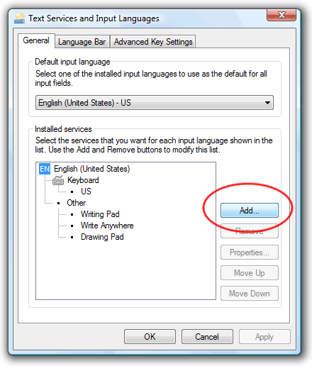 Text Services and Input Languages window: add button