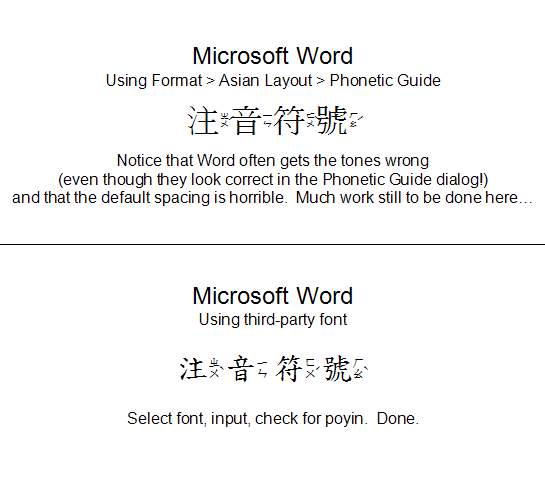 Comparison of Word Asian Layout ruby characters with a third-party font